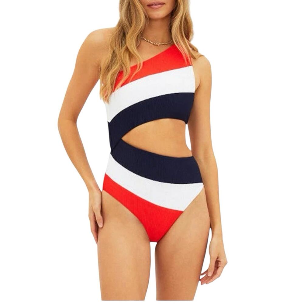BEACH RIOT Joyce One Piece Red Colorblock One Shoulder Swimsuit XS Americana